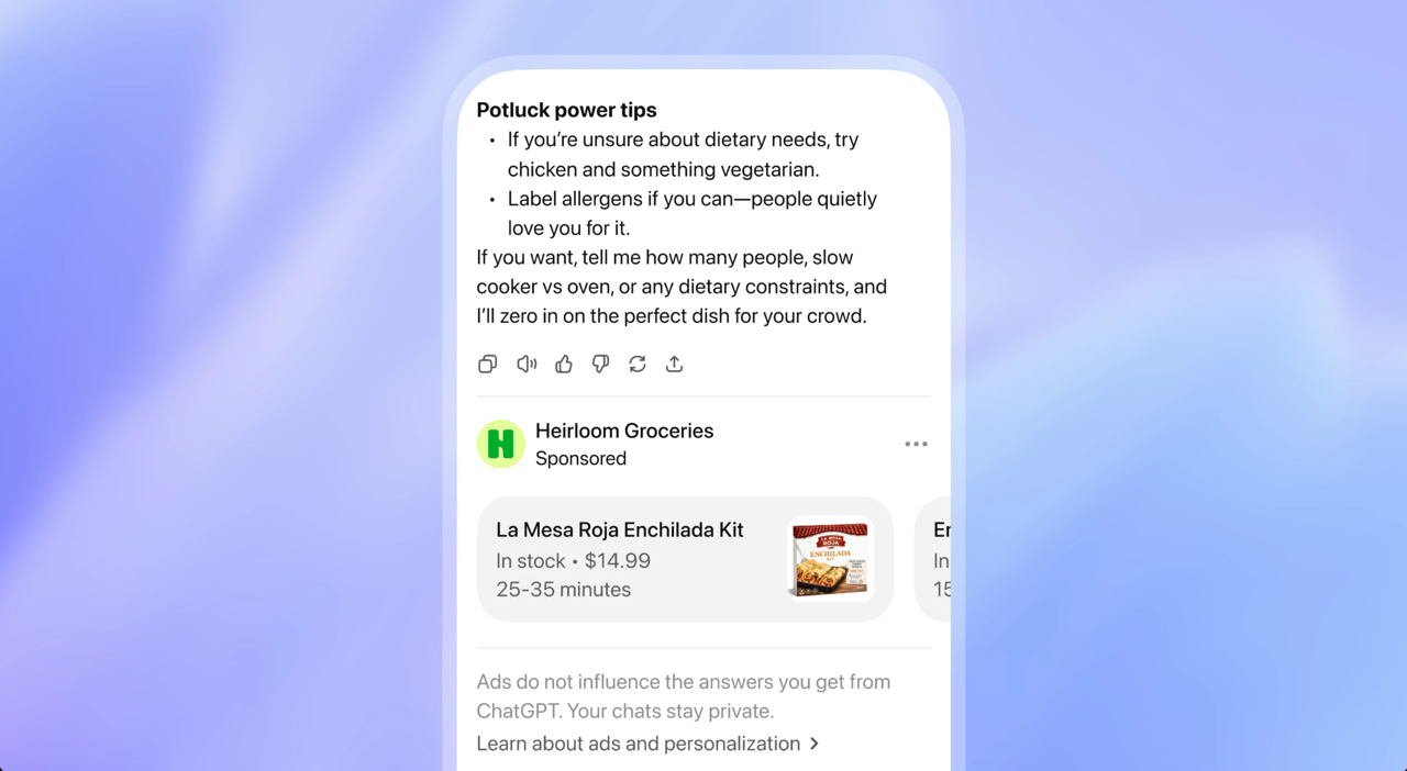 an image with a screen shot of the ChatGPT mobile app populating results that includes ChatGPT Ads sponsored results